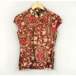 ANAC Womens Large Brown Brocade Mandarin Collar Top Asian Inspired Floral Dragon